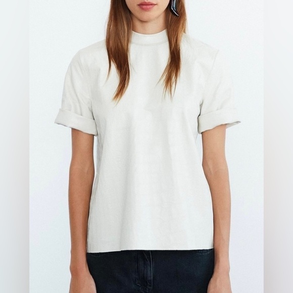 Nanushka Kaden Vegan Leather Croc Embossed Tee in Cream S - Picture 1 of 9